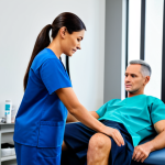 A professional female physical therapist in modest medical scrubs, gently assessing a male patient's shoulder movement. The patient, dressed in appropriate athletic wear, is seated on a clean treatment table in a modern physical therapy clinic. The background is a bright, professional clinical setting with blurred, subtle medical equipment. The scene conveys a focused and caring atmosphere, safe for work, appropriate content, and fully clothed. Perfect anatomy, correct proportions, natural pose, well-formed hands, proper finger count, natural body proportions. Professional, modest, high quality.