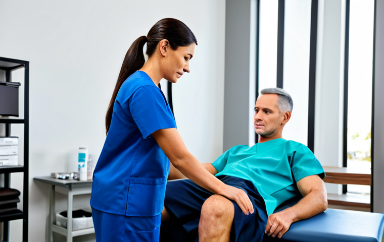 A professional female physical therapist in modest medical scrubs, gently assessing a male patient's shoulder movement. The patient, dressed in appropriate athletic wear, is seated on a clean treatment table in a modern physical therapy clinic. The background is a bright, professional clinical setting with blurred, subtle medical equipment. The scene conveys a focused and caring atmosphere, safe for work, appropriate content, and fully clothed. Perfect anatomy, correct proportions, natural pose, well-formed hands, proper finger count, natural body proportions. Professional, modest, high quality.