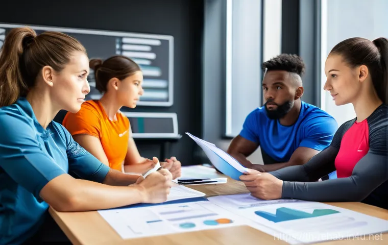 스포츠재활사 직무 평가 방법 - **Image Prompt 1: High-Tech Biomechanical Analysis in Sports Rehabilitation**
    "A professional fe...