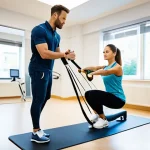 Home 9 스포츠재활사 자격증 관련 학원 추천 - **Prompt:** A dynamic scene inside a modern sports rehabilitation clinic. A male physiotherapist, mi...