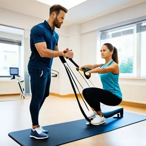 Home 21 스포츠재활사 자격증 관련 학원 추천 - **Prompt:** A dynamic scene inside a modern sports rehabilitation clinic. A male physiotherapist, mi...