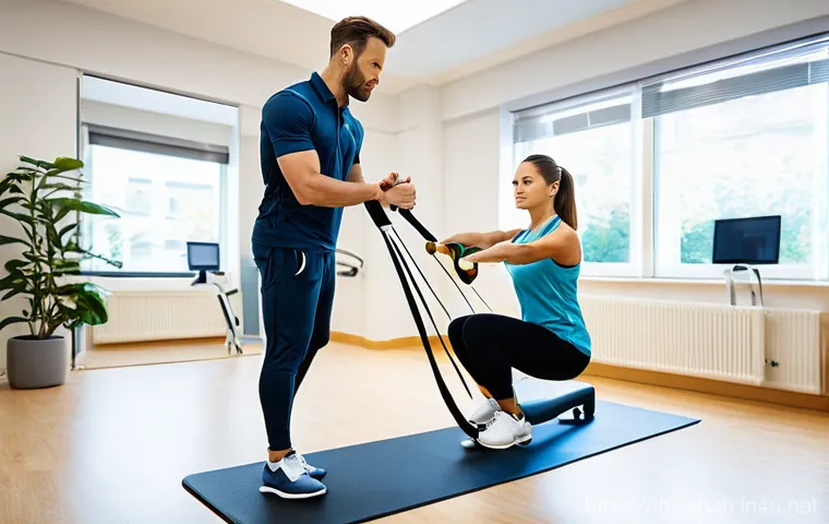 스포츠재활사 자격증 관련 학원 추천 - **Prompt:** A dynamic scene inside a modern sports rehabilitation clinic. A male physiotherapist, mi...