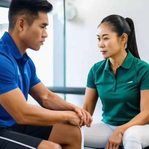 Home 20 스포츠재활사 블로그 운영 전략 - **A compassionate Thai female sports physiotherapist is gently assessing the knee of a male Thai ath...