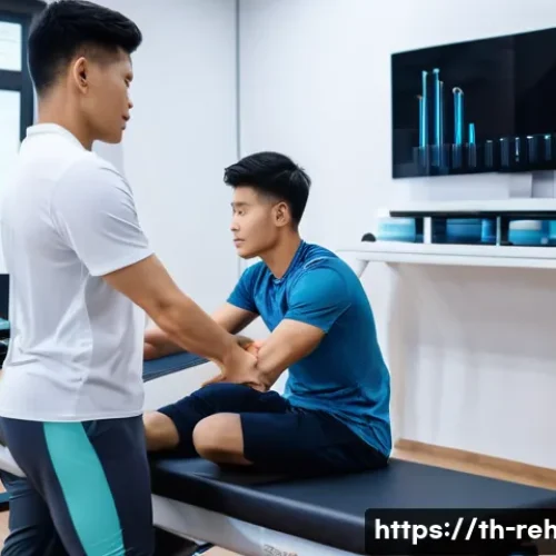 Home 33 스포츠재활사의 전문 클리닉 탐방 후기 - A modern physical therapy clinic scene featuring a professional physiotherapist using a 3D motion an...
