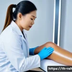 Home 20 스포츠재활사로 일하며 겪는 도전 과제 - A professional sports rehabilitation therapist attentively assessing a middle-aged Thai patient’s kn...