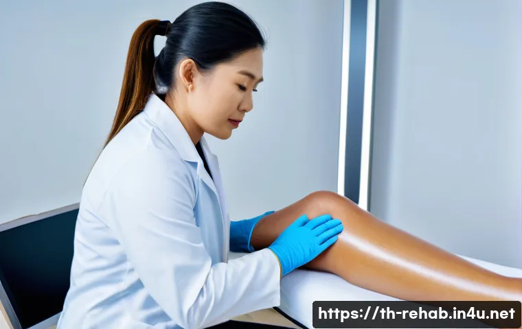 스포츠재활사로 일하며 겪는 도전 과제 - A professional sports rehabilitation therapist attentively assessing a middle-aged Thai patient’s kn...
