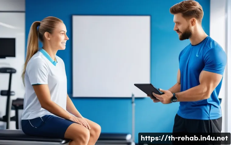 스포츠재활사와 재활심리의 중요성 - A professional physical therapist and a sports psychologist collaborating in a modern rehabilitation...