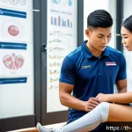 Home 18 스포츠재활사 해외 자격증 비교 - A professional athletic trainer in a modern sports rehabilitation clinic in Thailand, wearing clean ...