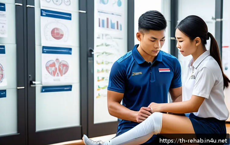 스포츠재활사 해외 자격증 비교 - A professional athletic trainer in a modern sports rehabilitation clinic in Thailand, wearing clean ...