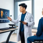 Home 23 스포츠재활사 취업 성공 스토리 - A professional sports rehabilitation therapist in a modern clinic setting, wearing professional atti...