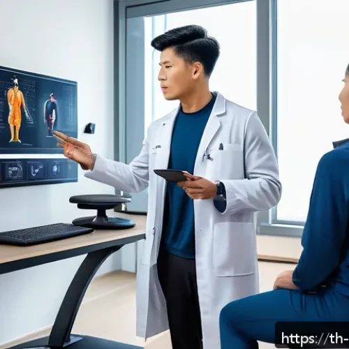 Home 17 스포츠재활사 취업 성공 스토리 - A professional sports rehabilitation therapist in a modern clinic setting, wearing professional atti...