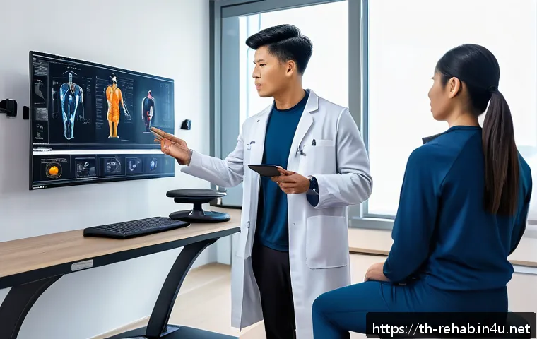 스포츠재활사 취업 성공 스토리 - A professional sports rehabilitation therapist in a modern clinic setting, wearing professional atti...
