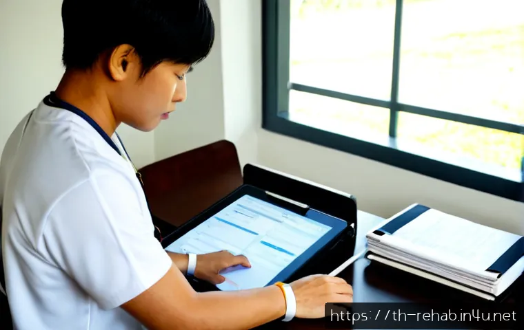 Home 17 스포츠재활사 관련 자격증 동시 취득 방법 - Photorealistic Thai sports rehabilitation student at a clean modern desk, comparing two organized pr...